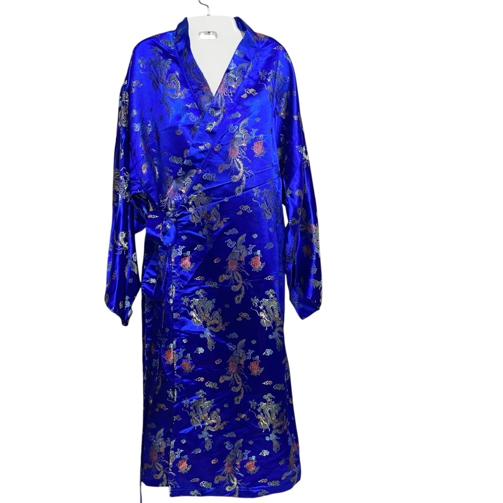 Vintage Robe Unisex One Size Satin Blue Blue Long Kimono Peacock Dragon Asian